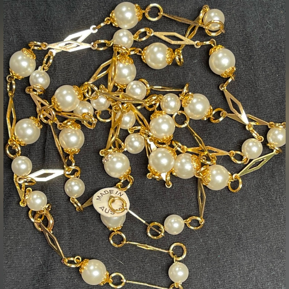 Flapper length 52”!! Faux pearl and gold tone made in Austria necklace.